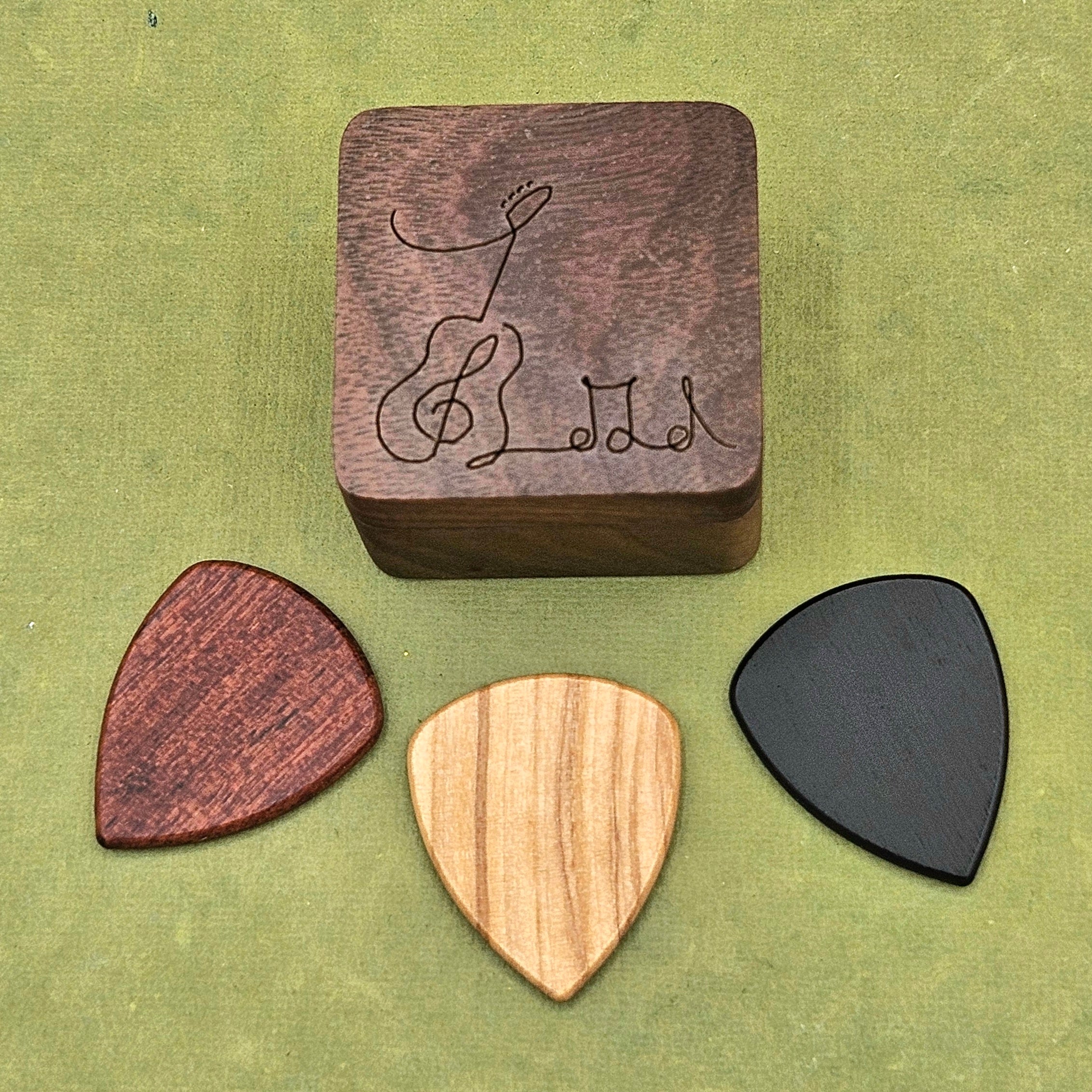 Pickbox Shape Guitar Pick Box with Real Wood Picks | Made and Assembled